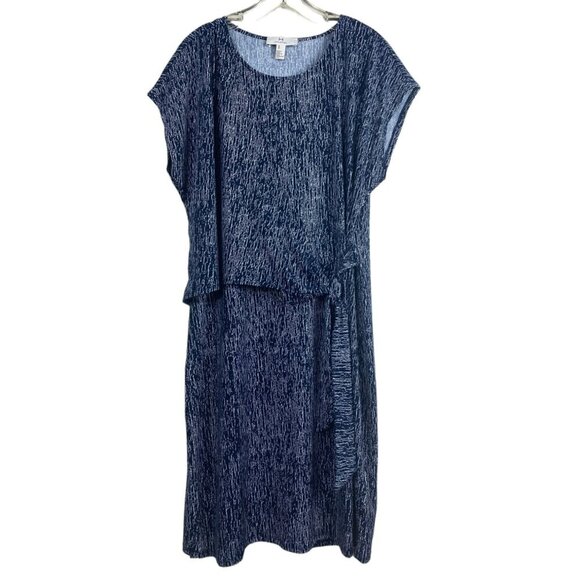 Halston Womens Navy White Textured Print Midi Dress Tie Waist Cap Sleeves Medium - Picture 1 of 9